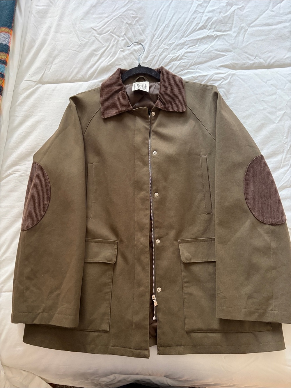 Toteme Olive Green Jacket with Brown Corduroy Collar and Elbow Patches